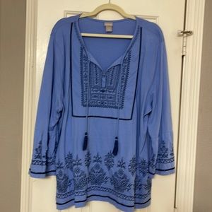 Chicos tshirt cotton embroidered boho blouse with tassels.